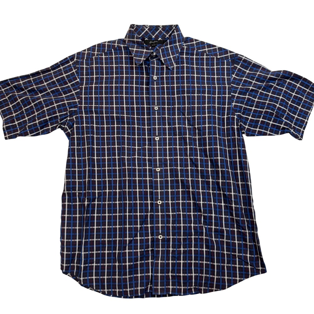 Sean John Mens Short Sleeve Button Down Plaid Shirt Navy Blue Cotton Large